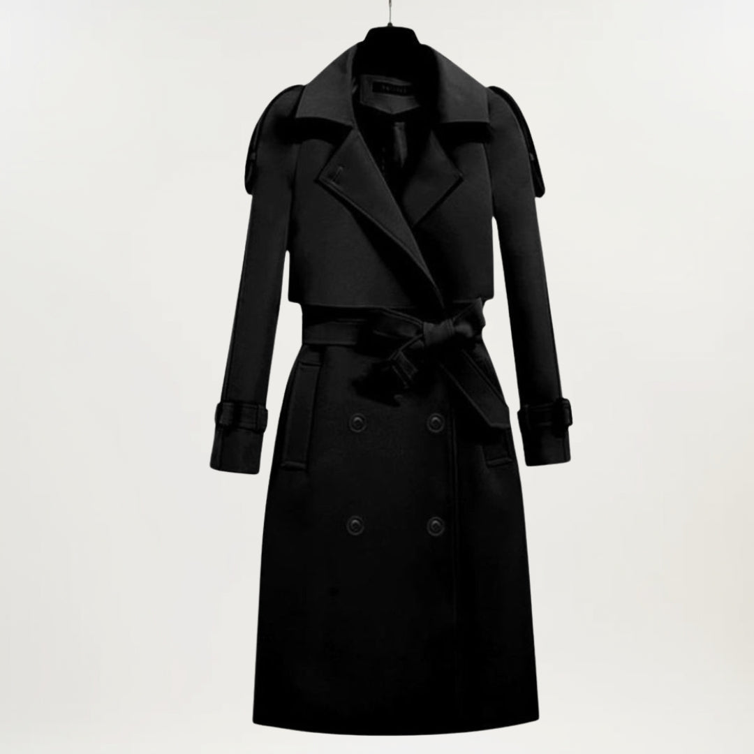 Ashly™ women's beige longline trench coat with sleek tailored silhouette and classic belt detail