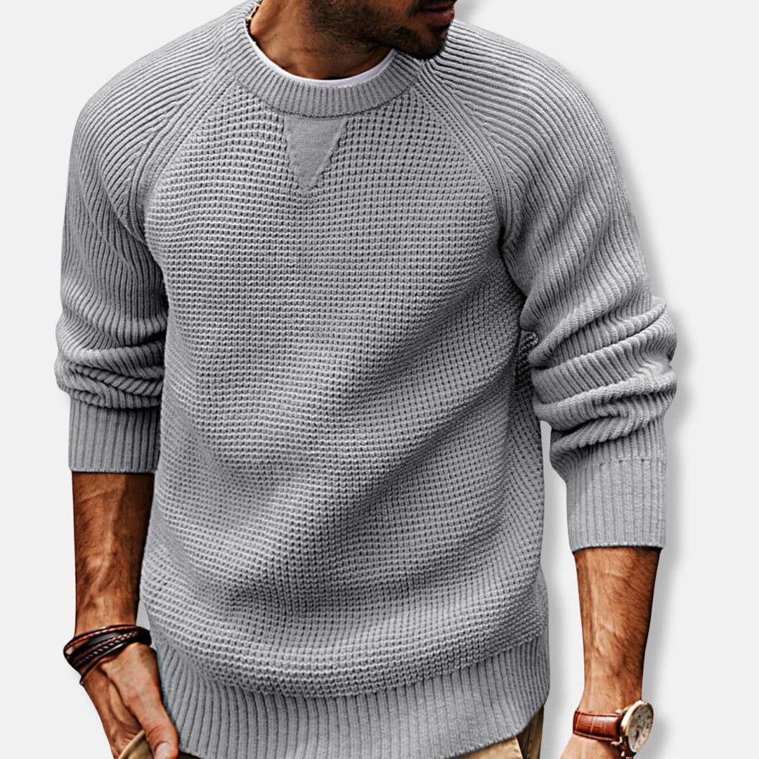 Men's gray knit texture crew neck sweatshirt with long raglan sleeves, relaxed fit for casual fall