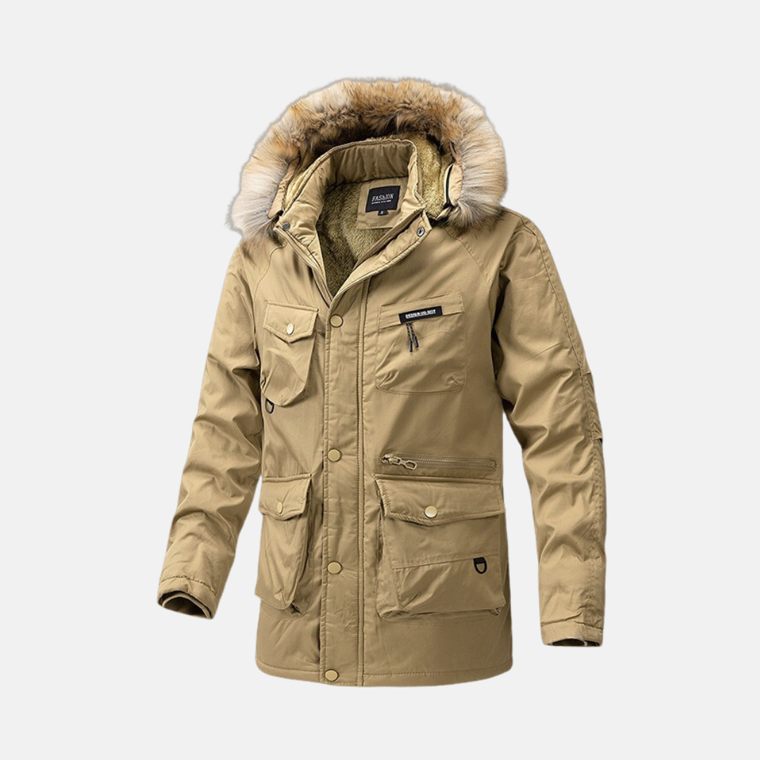 Men's tan insulated parka jacket relaxed fit with detachable faux fur hood, weather resistant
