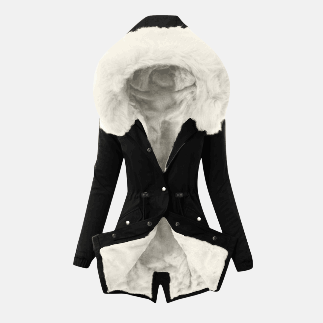 Women's slim fit mid-length jacket with plush hood lining, adjustable waist, and flap pockets
