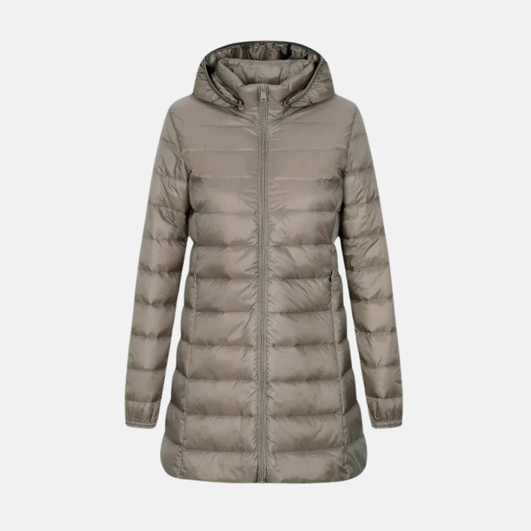 Women's quilted down jacket fitted mid-thigh length hooded water-resistant insulated puffer coat