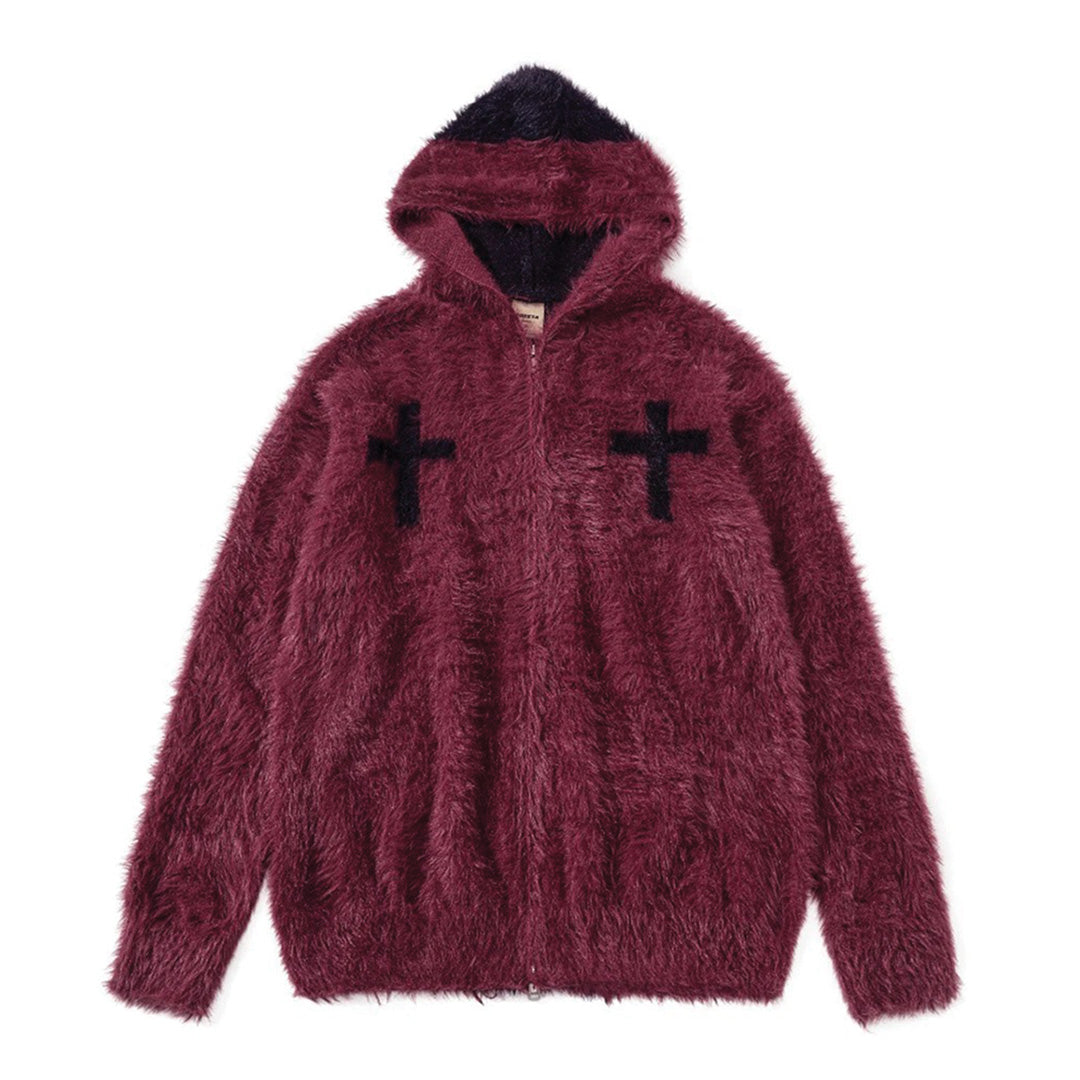 Reversible faux fur hoodie with dual-tone finish and embroidered cross motifs, relaxed streetwear fit