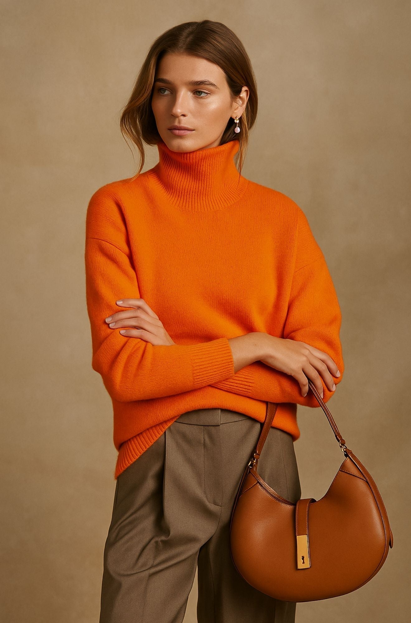 Renata elegant ivory knit sweater with feminine drape and ultra-soft luxurious slim-fit silhouette