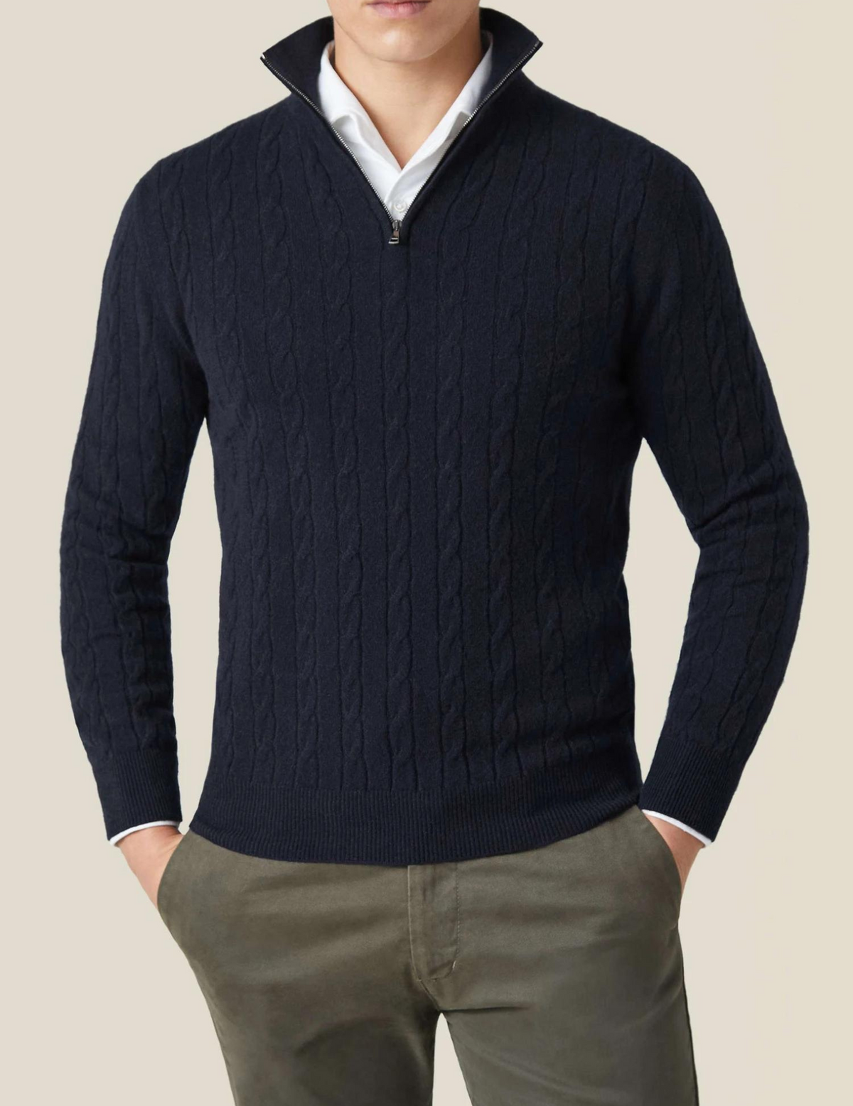 Men's wool blend cable knit sweater with half zip, standing collar, smart casual everyday style