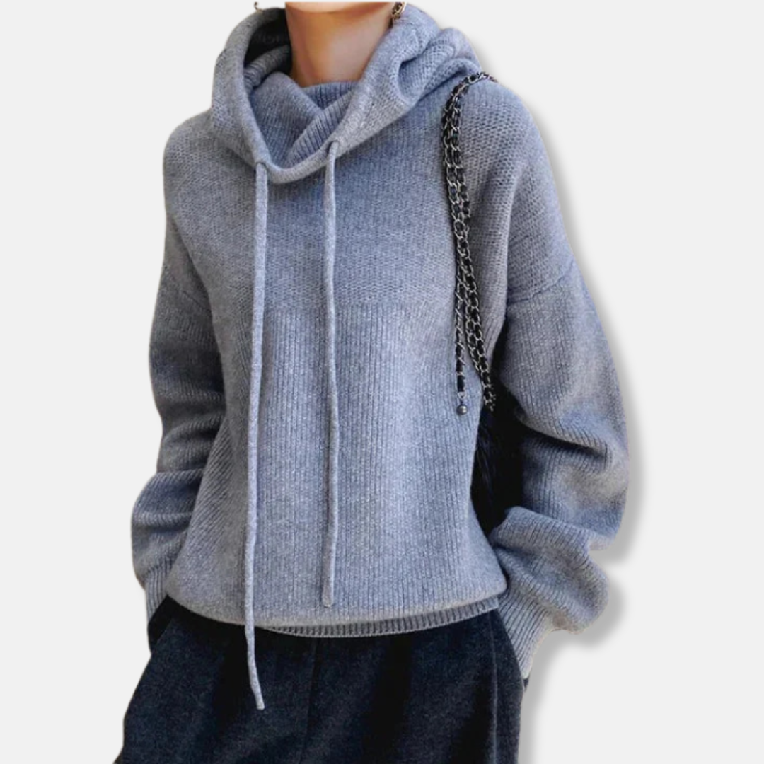 Rich brown oversized knitted sweatshirt women cowl neck drawstring relaxed fit cozy pullover