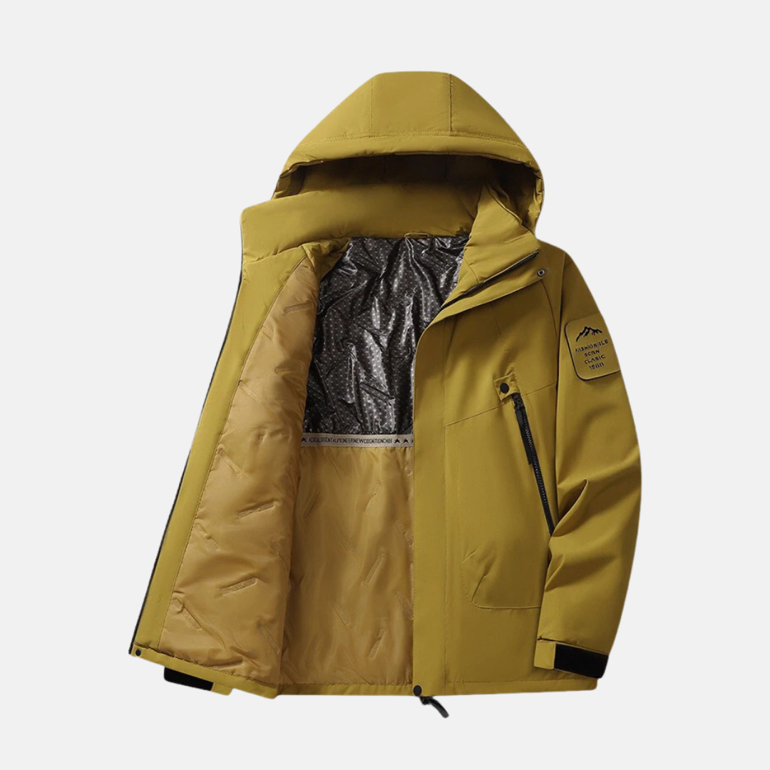 Men's hip-length winter coat hooded stand collar woven blend with snap cuffs