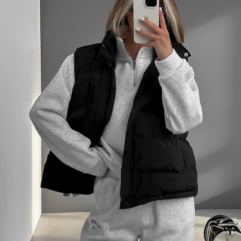 Albréne black padded vest lightweight insulation adjustable drawcord wind-blocking urban winter style