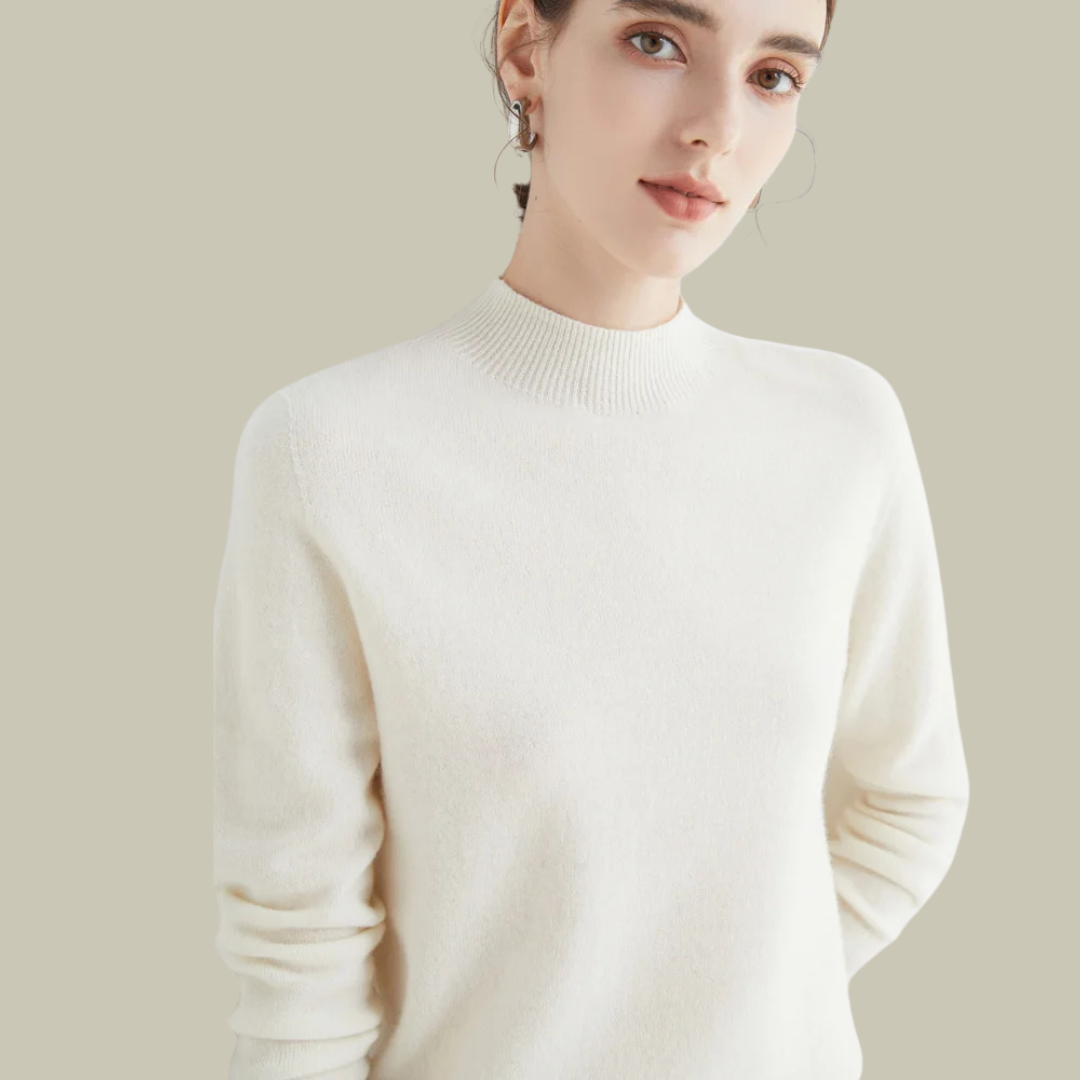 Ivy women's high neck slim fit merino wool sweater, ribbed collar, elegant everyday essential knit