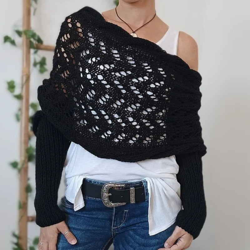 Maribel hand-knitted cream openwork scarf with sleeves, hypoallergenic acrylic yarn, one size