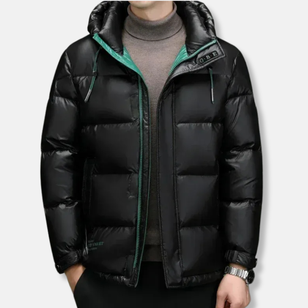 Men's hooded regular fit down jacket water-resistant with zipper and button closure winter outerwear