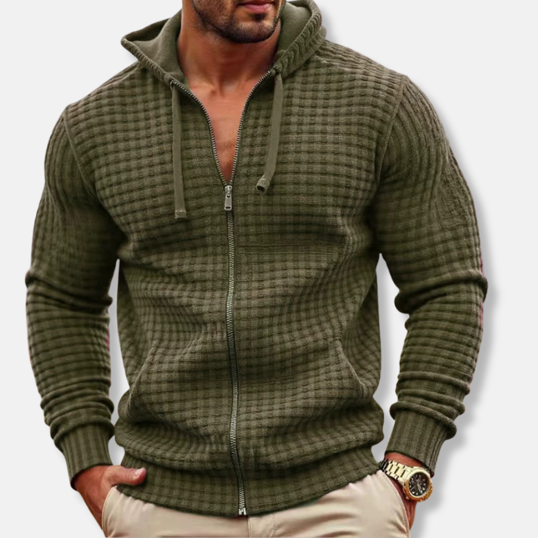 Men's gray zip-front cotton-blend hoodie regular fit with textured grid pattern
