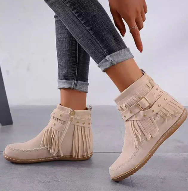 Tan faux suede fringe ankle boots with warm lining, casual fall style for everyday wear