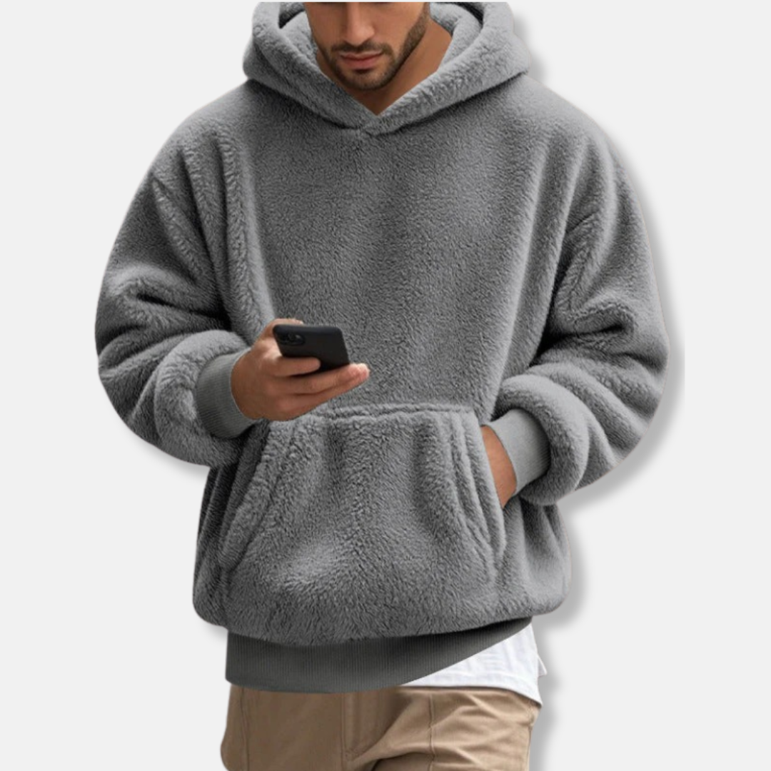 Men's gray fleece hoodie relaxed fit hooded V-neck kangaroo pocket hip-length casual comfort