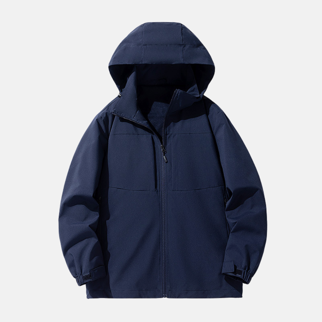 Men's relaxed-fit hooded jacket weather-resistant design with zipper pockets and adjustable cuffs