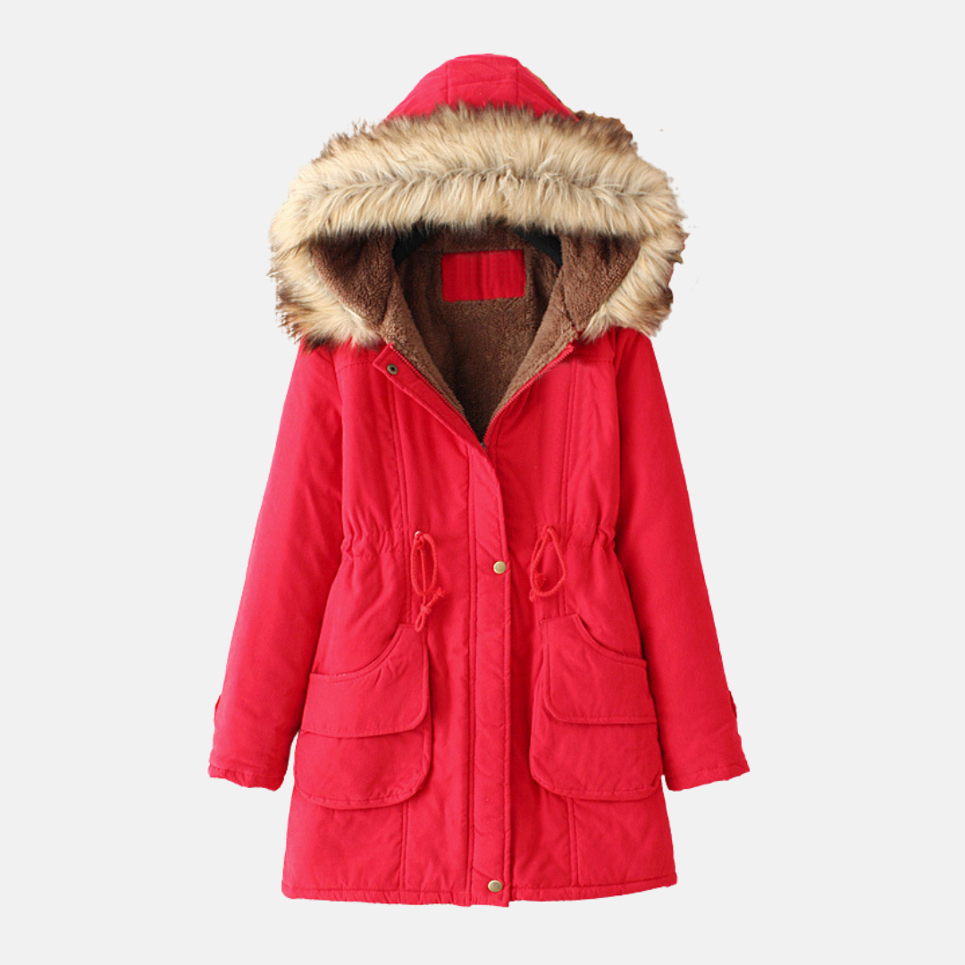 Women's slim fit winter parka coat with sherpa lining, faux fur hood, and drawstring waist