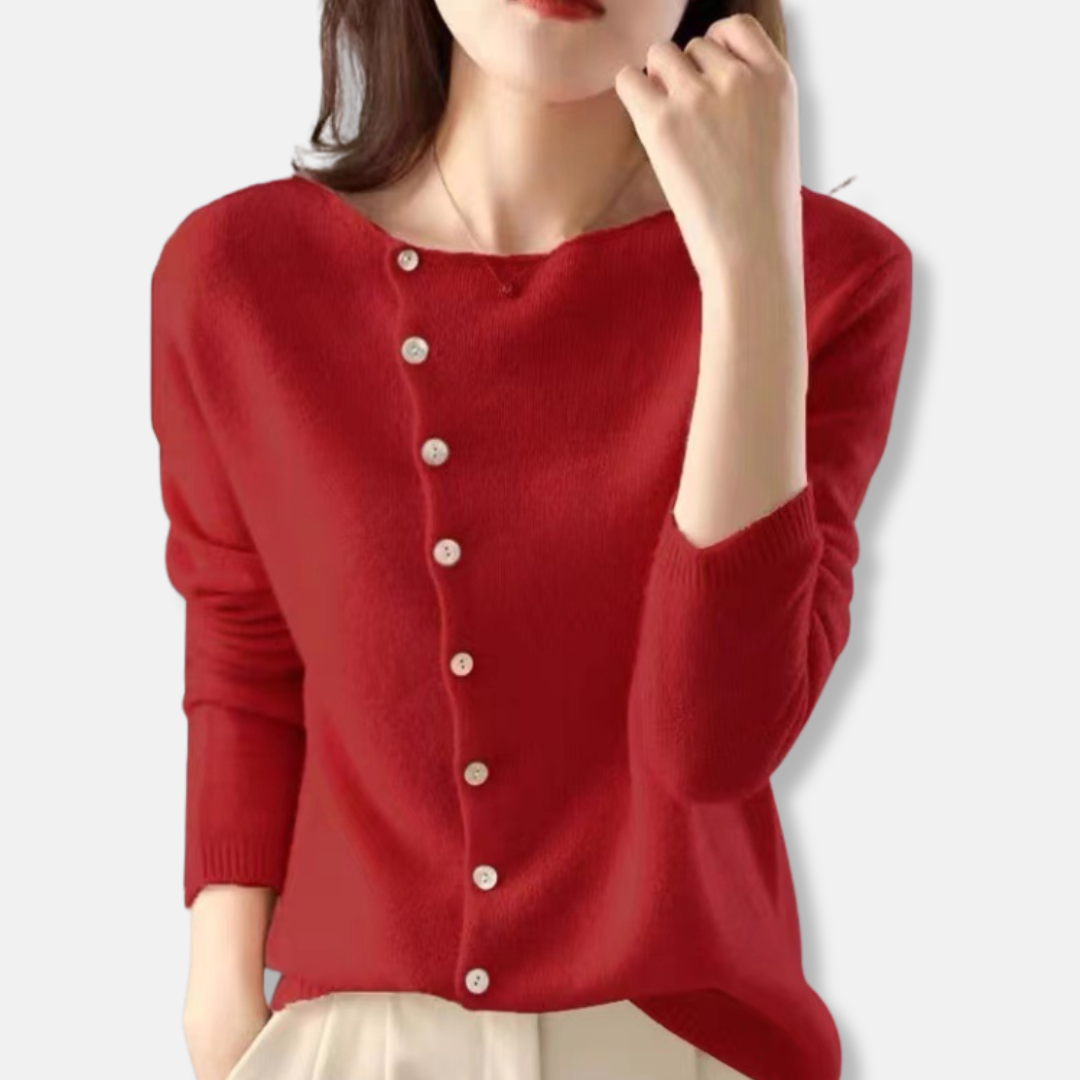 Women's relaxed fit fine knit cardigan with asymmetrical neckline and ribbed cuffs