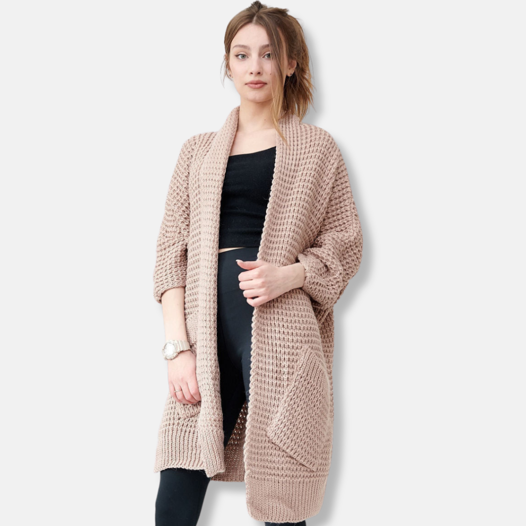 Women's oversized chunky knit wool blend coat open front silhouette with patch pockets