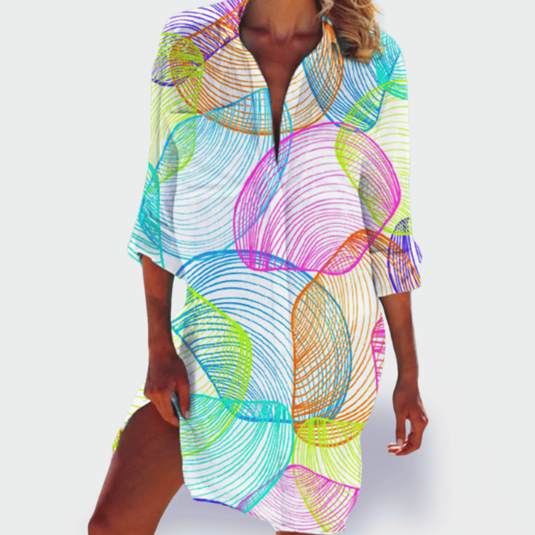 Women's flowy draped casual summer dress in vibrant multicolor with curve-flattering silhouette