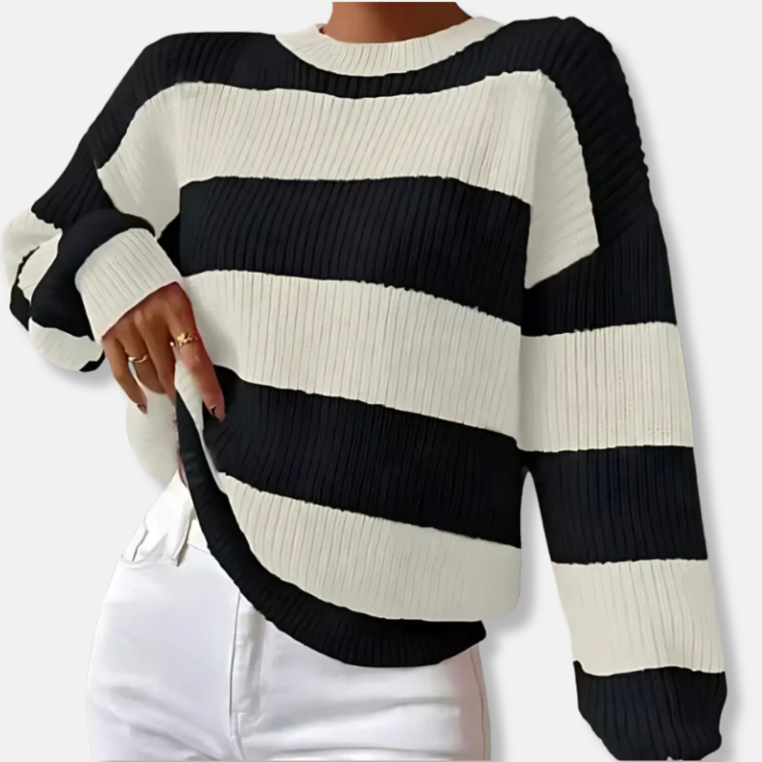 Women's striped ribbed knit sweatshirt loose fit beige ivory balloon sleeves relaxed silhouette