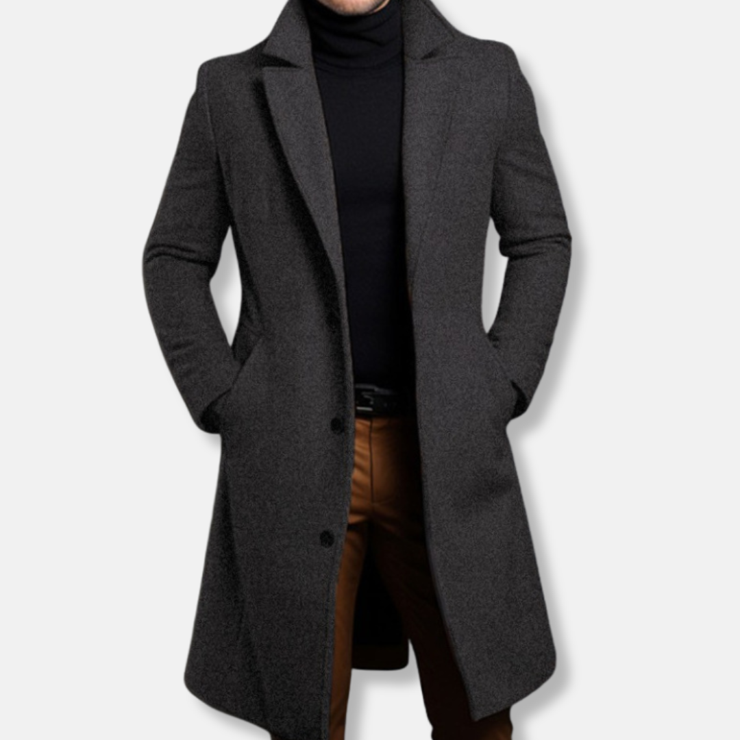Men's wool blend knee-length trench coat tailored single-breasted silhouette for business casual wear