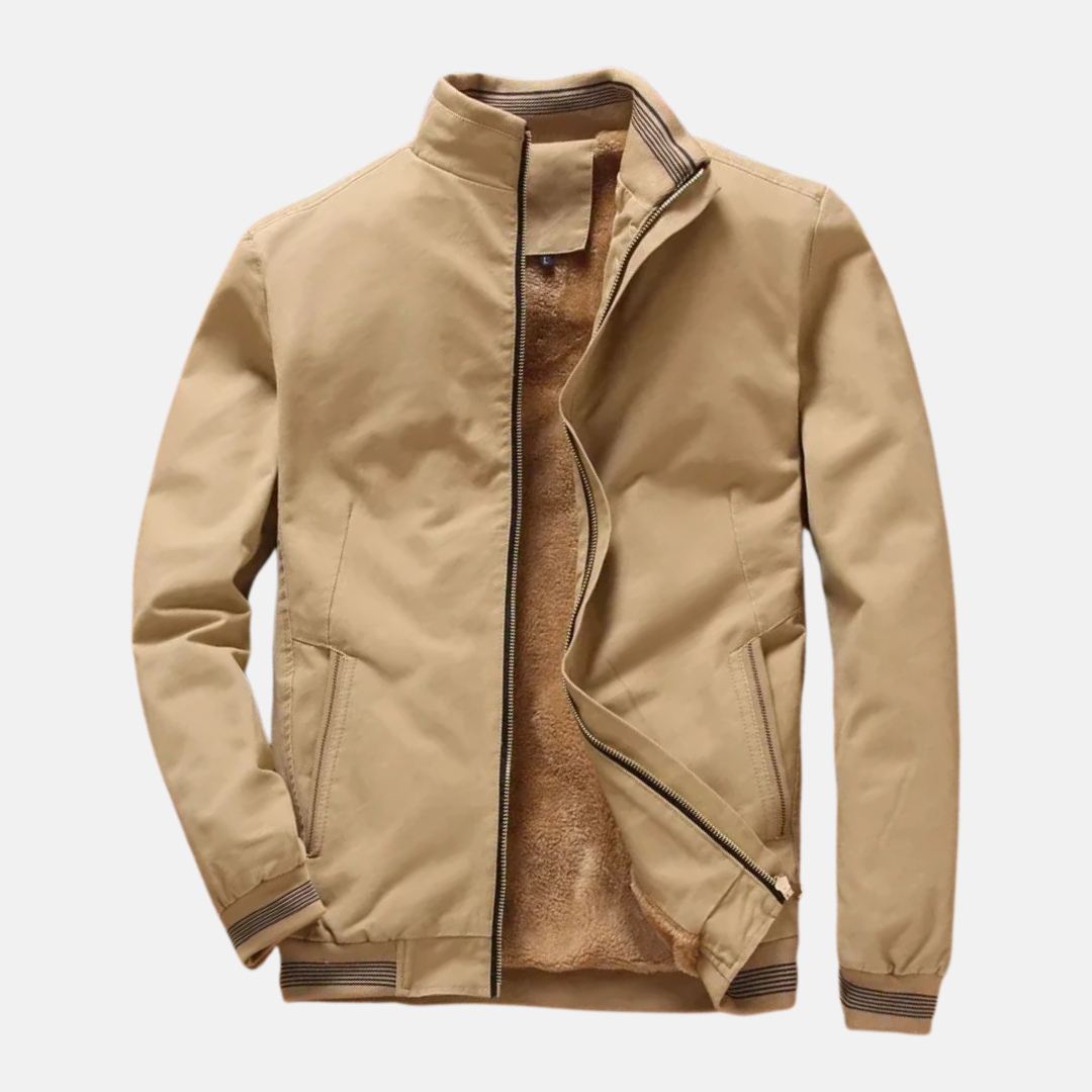 Men's navy fleece-lined bomber pilot jacket with front zip closure, warm versatile all-season outerwear