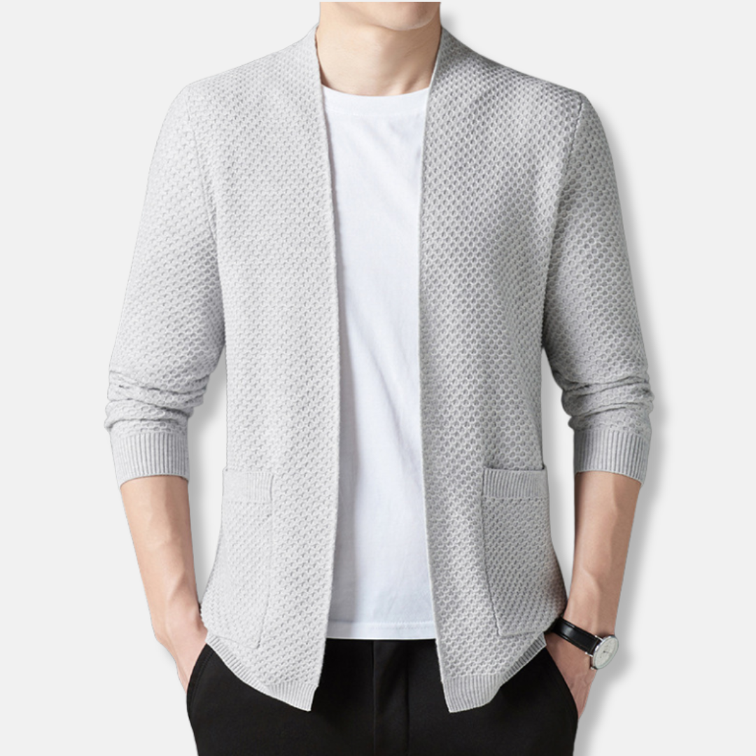 Men's navy open-front knit cardigan relaxed fit waffle texture hip length fall layering piece