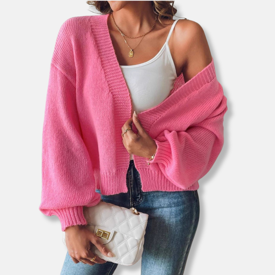 Women's cropped knit blend cardigan relaxed fit with distinctive lantern sleeves modern silhouette