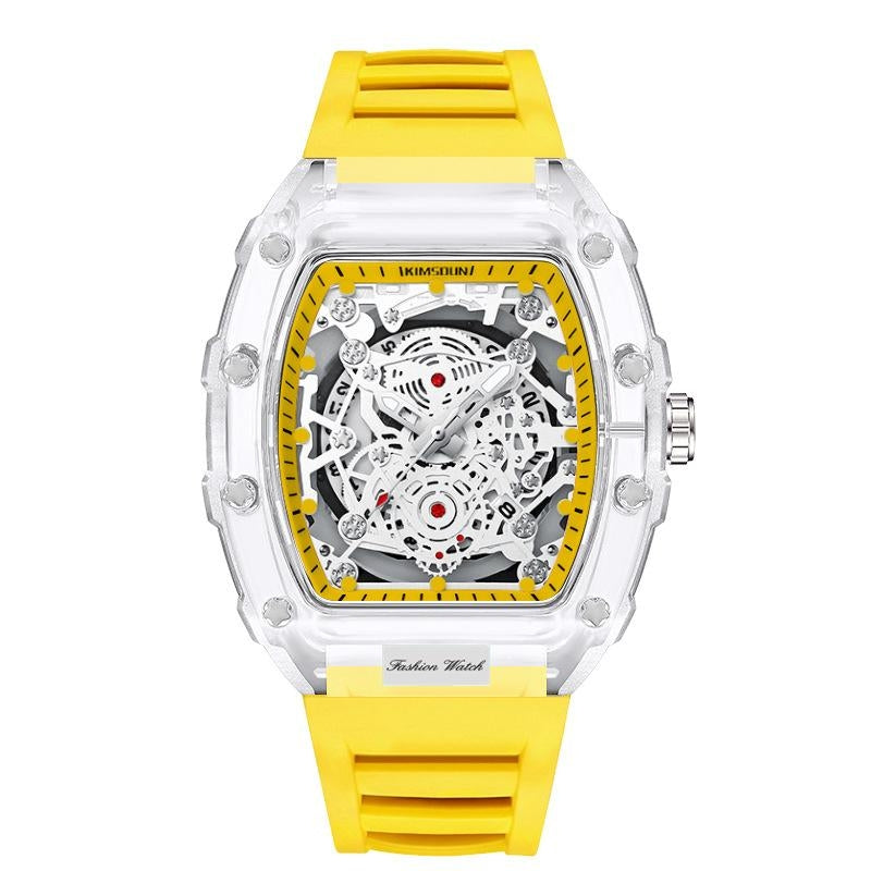 Rylan Forge transparent mechanical watch with exposed gear movement, shock-resistant waterproof design