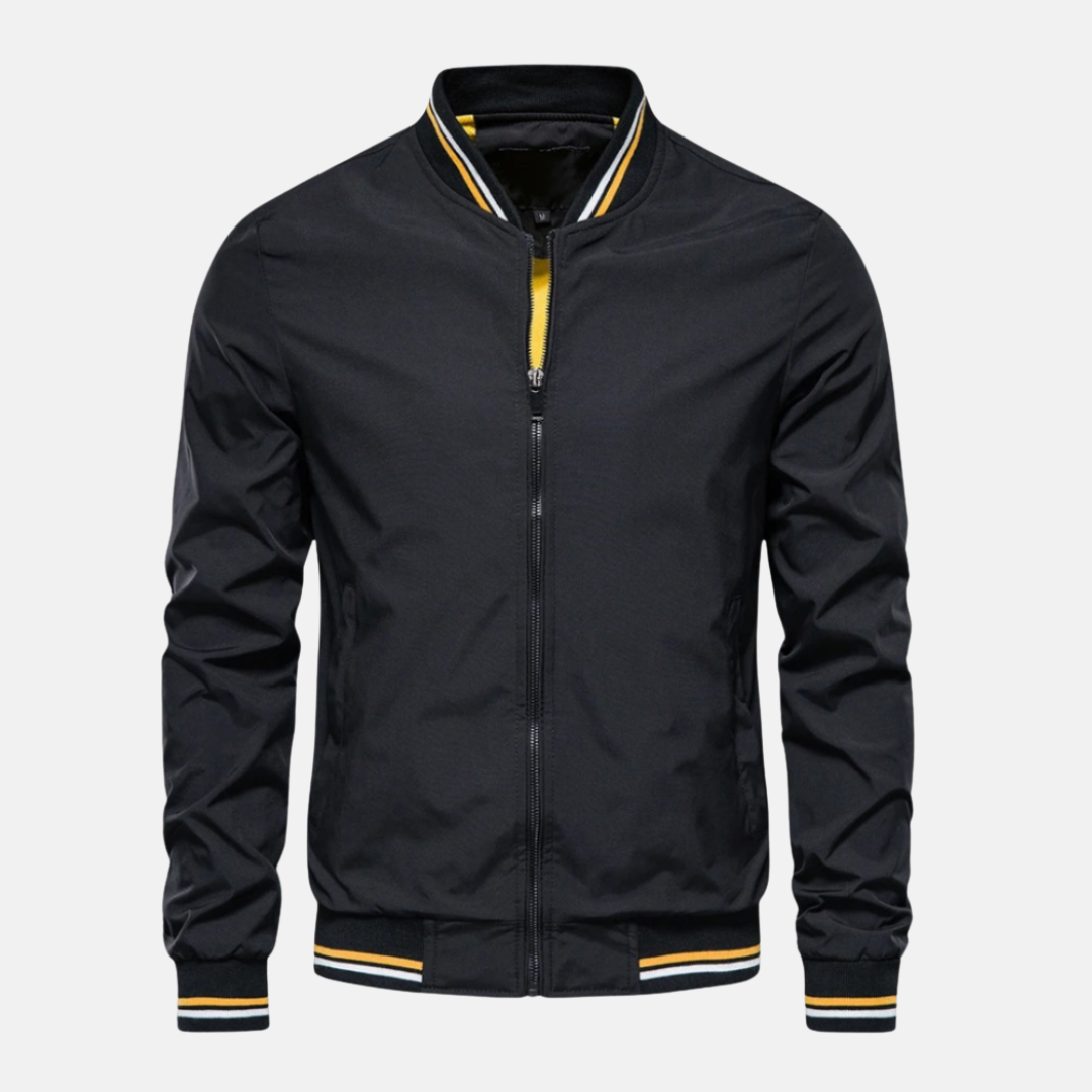 Men's lightweight PU leather bomber jacket relaxed fit zip closure striped ribbed edges