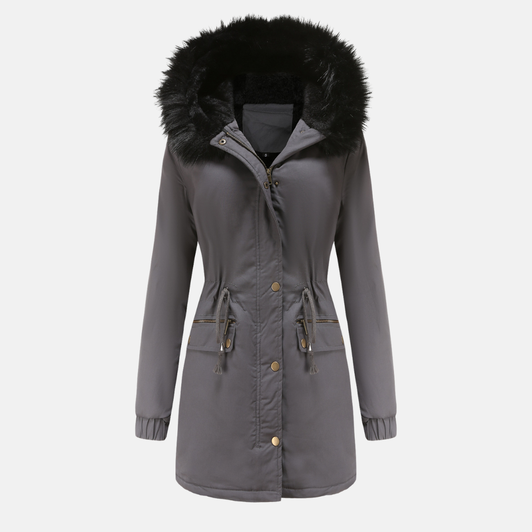 Women's longline parka jacket in weather-resistant fabric with faux fur hood and adjustable waist