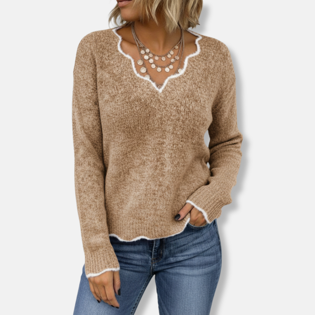 Women's relaxed fit wool knit pullover sweater with scalloped neckline for soft casual style