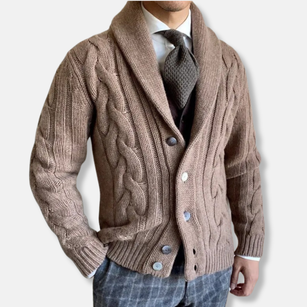 Men's cable knit cardigan shawl lapel regular fit wool-feel long sleeve sweater neutral tone