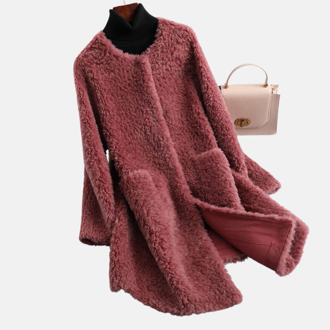 Women's open front faux fur coat mid-thigh length in cozy chic winter white fluffy texture