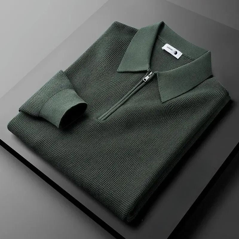 Beige soft knit relaxed-fit sweater with unique zip-collar for effortless layering