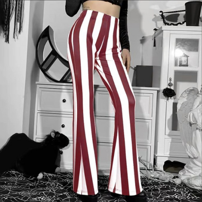 Women's high-waisted flared pants in vertical stripes pattern, stretch comfort fit fabric