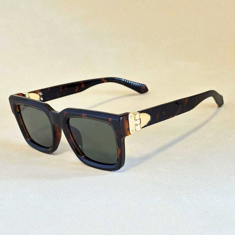 Square-frame sunglasses with metal hinge detailing, mixed acetate and metal build, vintage-inspired bold geometry