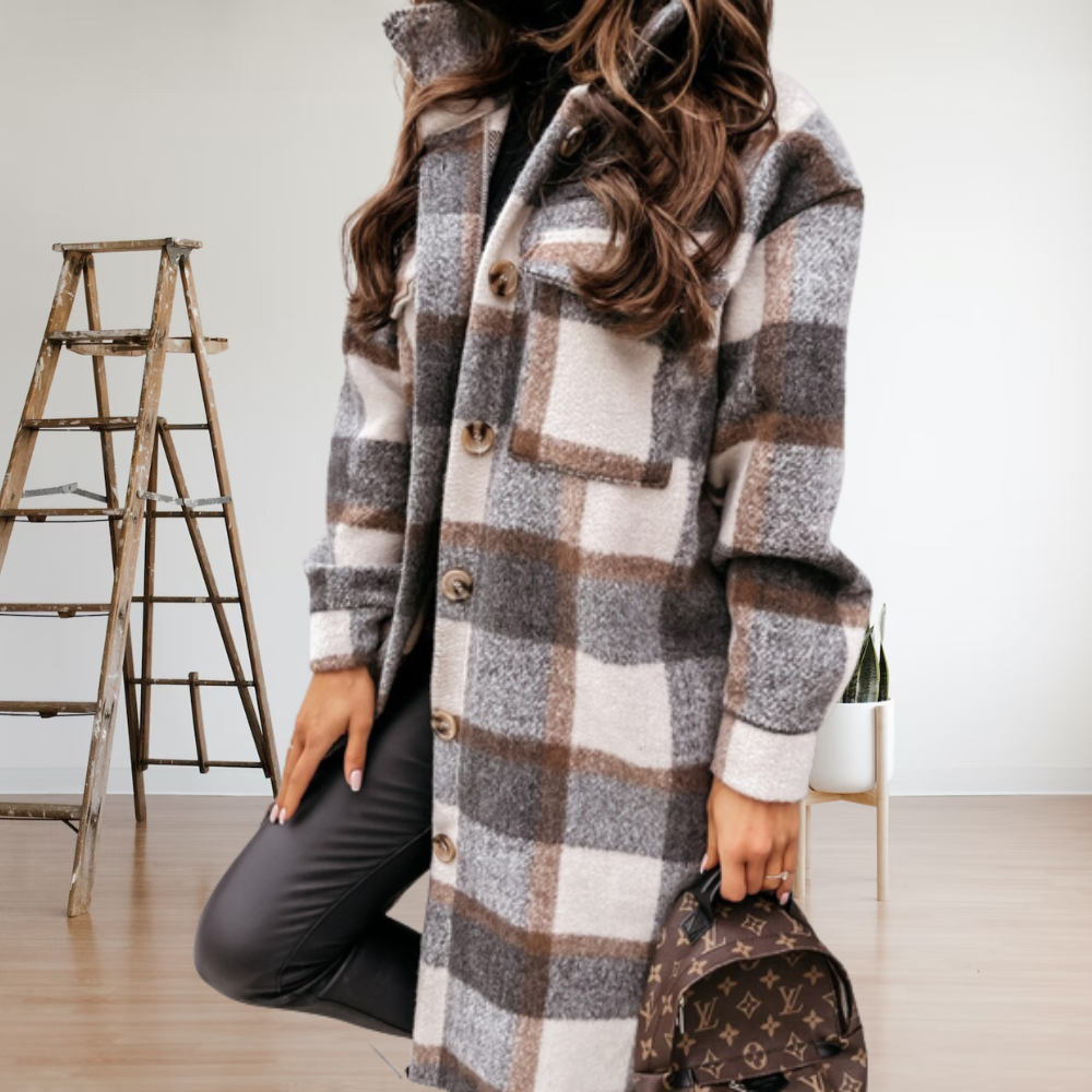 Women's wool blend long overcoat in classic checkered pattern with button closure, modern tailored silhouette