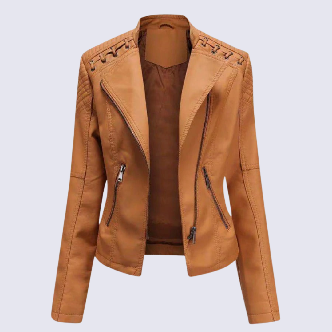 Women's black faux leather biker jacket with clean lines and sleek PU luxe finish