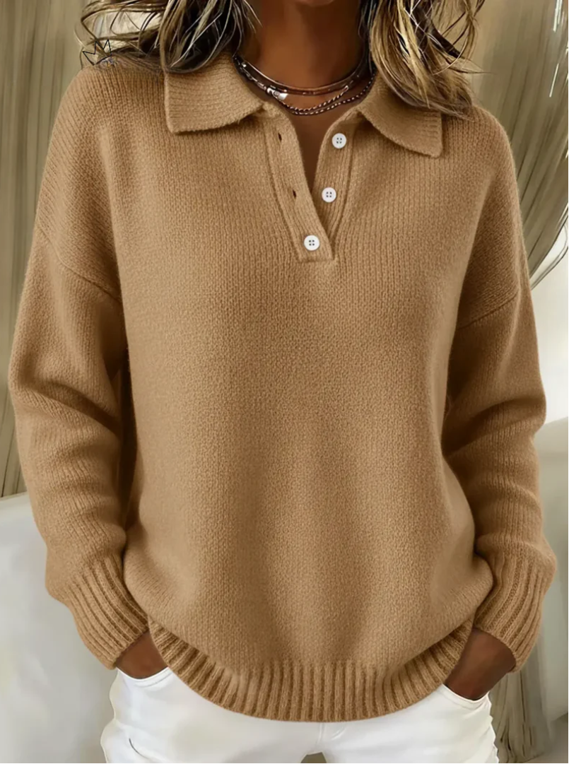 Navy blue soft polo sweater with structured collar and classic button detail for refined style