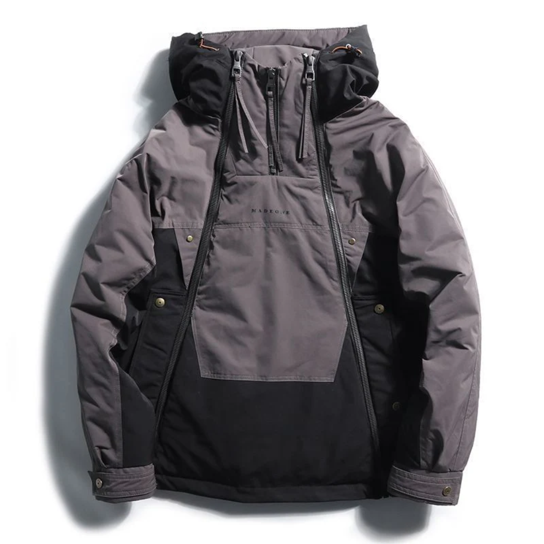 Black down-insulated hooded jacket with water-resistant matte hardshell and heavy-duty zipper closure