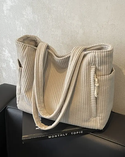 Aubrey corduroy tote bag soft ribbed texture roomy interior casual everyday style