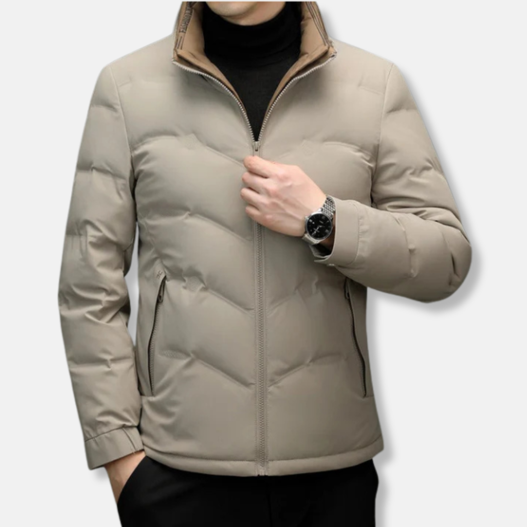 Men's black quilted chevron jacket with stand-up collar and zipper pockets for warm winter outerwear
