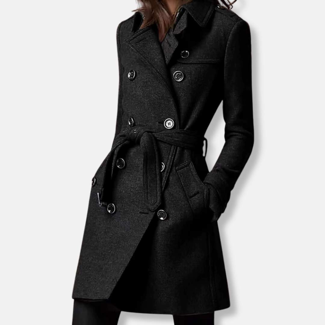 Women's wool blend slim fit double breasted belted mid-thigh coat warm office evening versatile