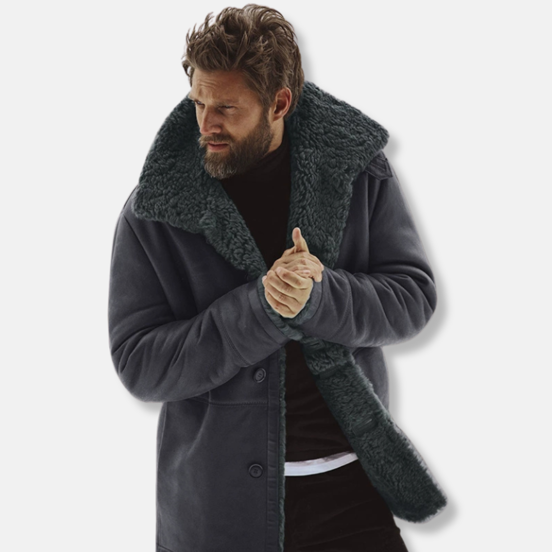 Men's wool-blend mid-thigh coat with faux shearling collar, relaxed fit, structured drape for autumn winter