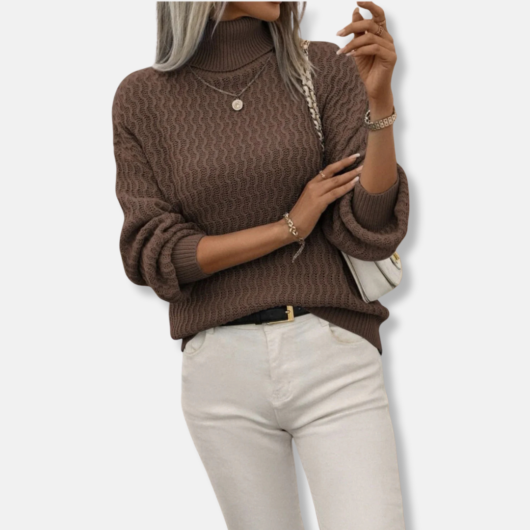 Women's ivory turtleneck knit sweater with oversized balloon sleeves relaxed cozy luxury fit
