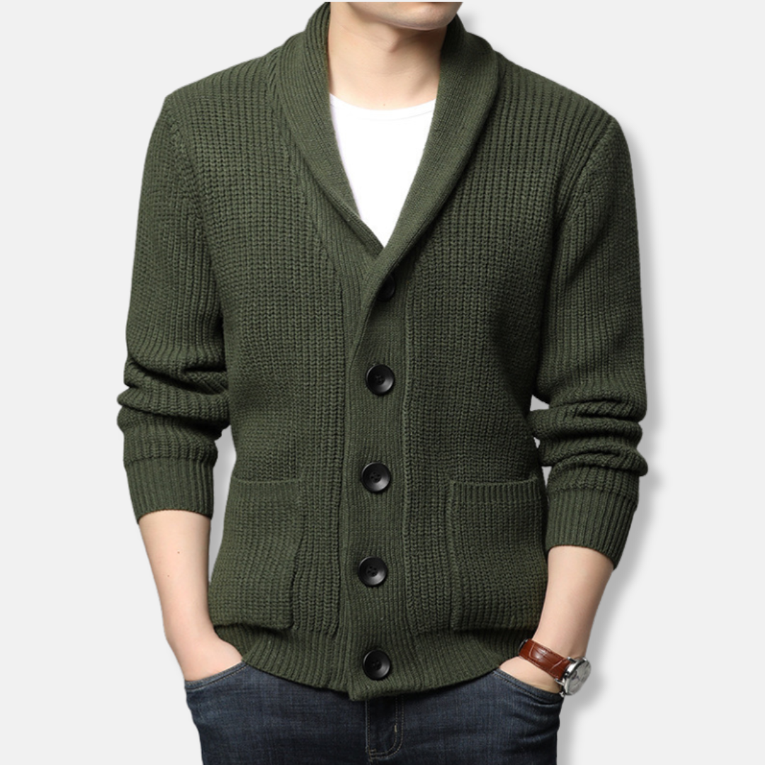 Men's ribbed knit cardigan sweater with shawl collar, button front, and patch pockets for smart-casual style