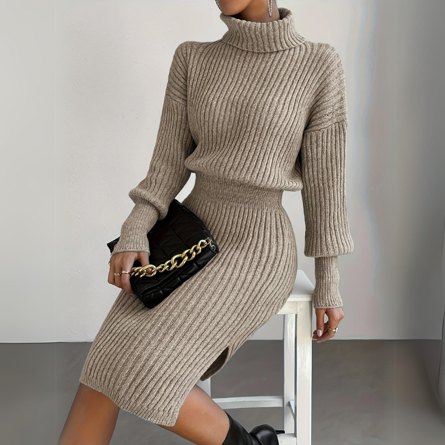 Ivory fold-down turtleneck knit dress with sleek draping silhouette for effortless everyday style