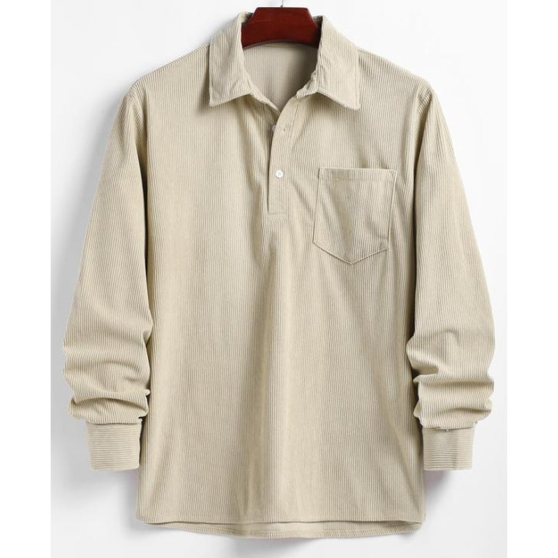 Aldrich men's brown corduroy button-up shirt with pre-washed fabric and reinforced buttons