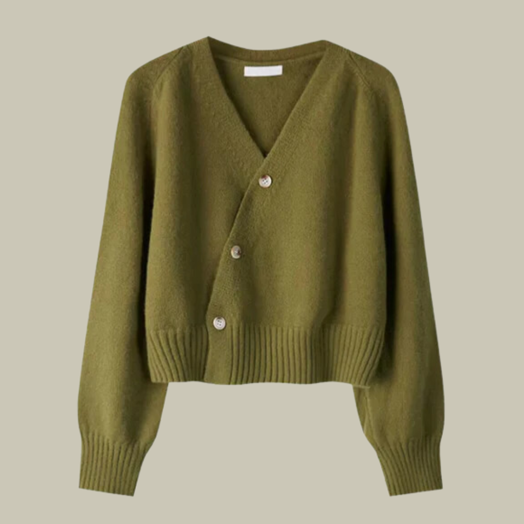 Women's merino wool V-neck cardigan with cross-button wrap closure in classic neutral tone