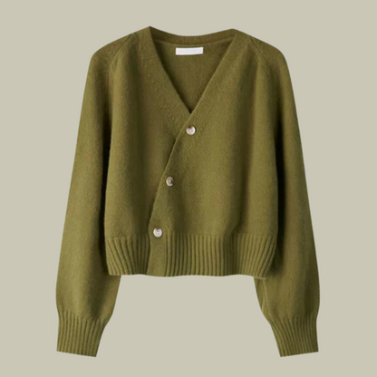 Women's merino wool V-neck cardigan with cross-button wrap closure in classic neutral tone